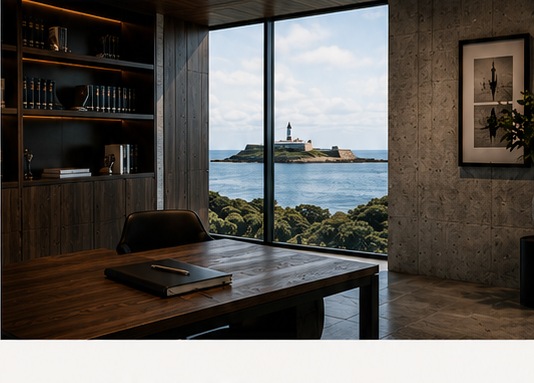 Ambiente contemporâneo de escritório com vista para o mar